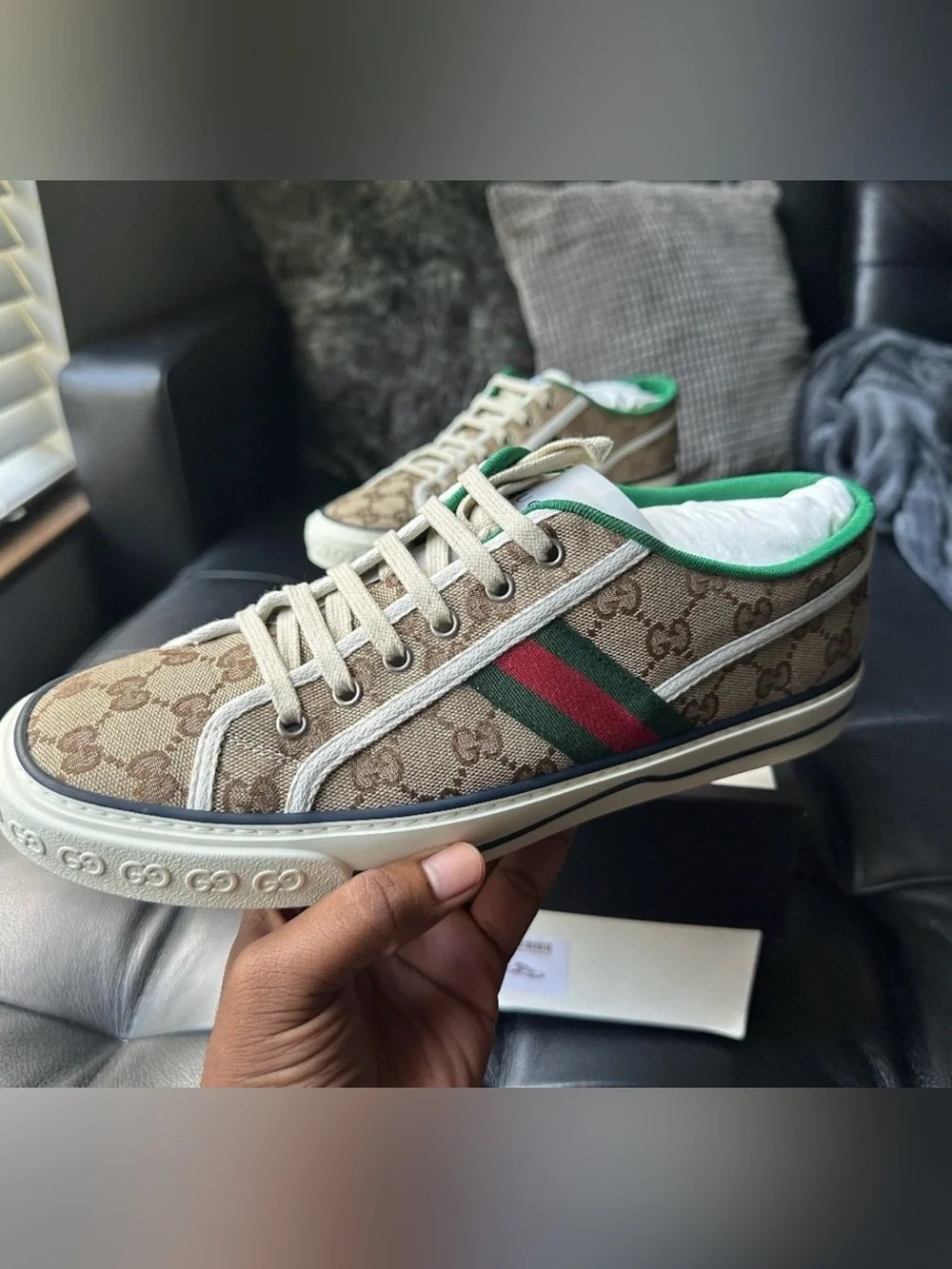 Gucci GG Supreme Canvas Ace Sneaker in Beige with Green and Red Web